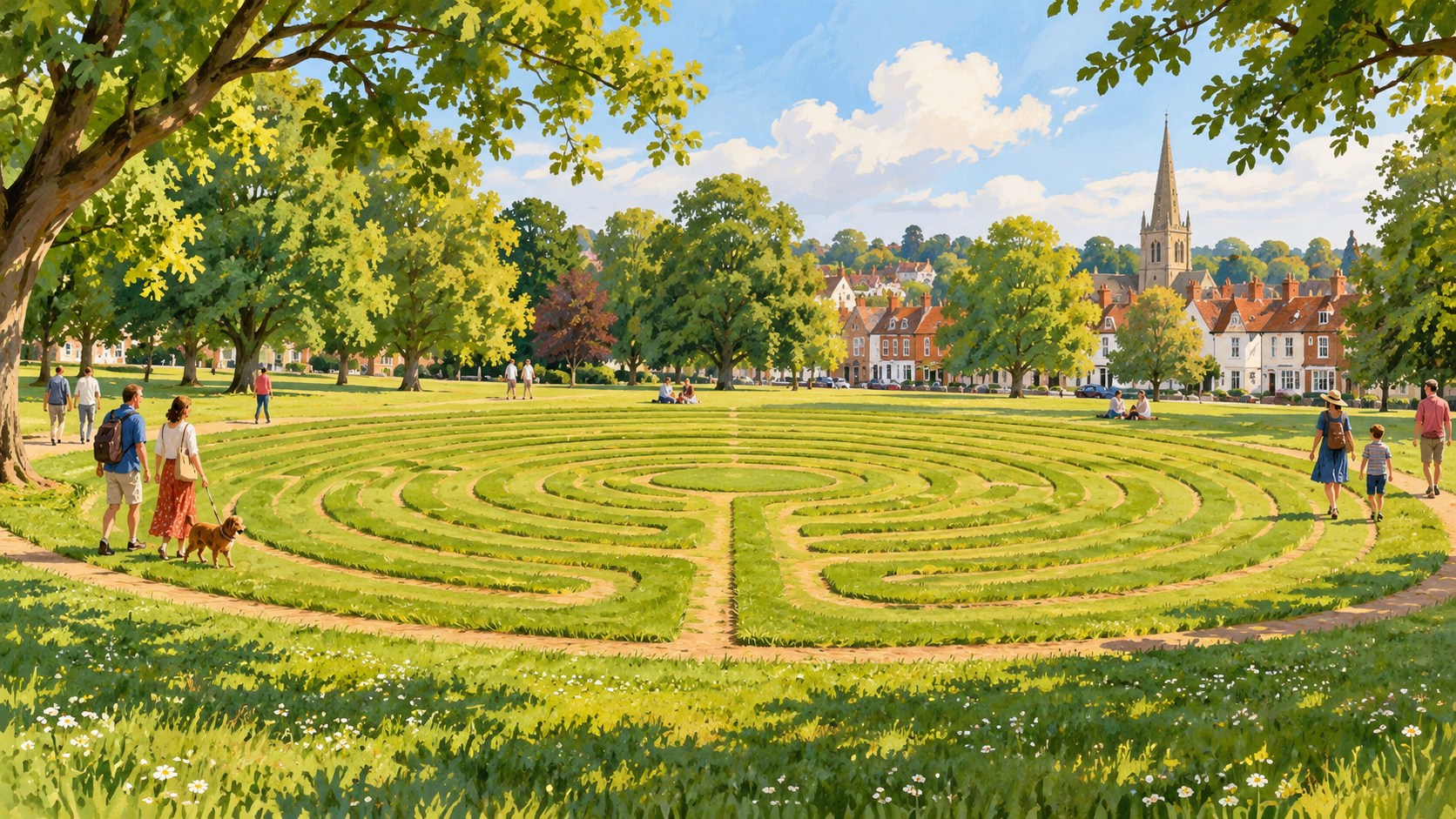 Artist’s impression of walkers beside the flat turf maze on Saffron Walden Common