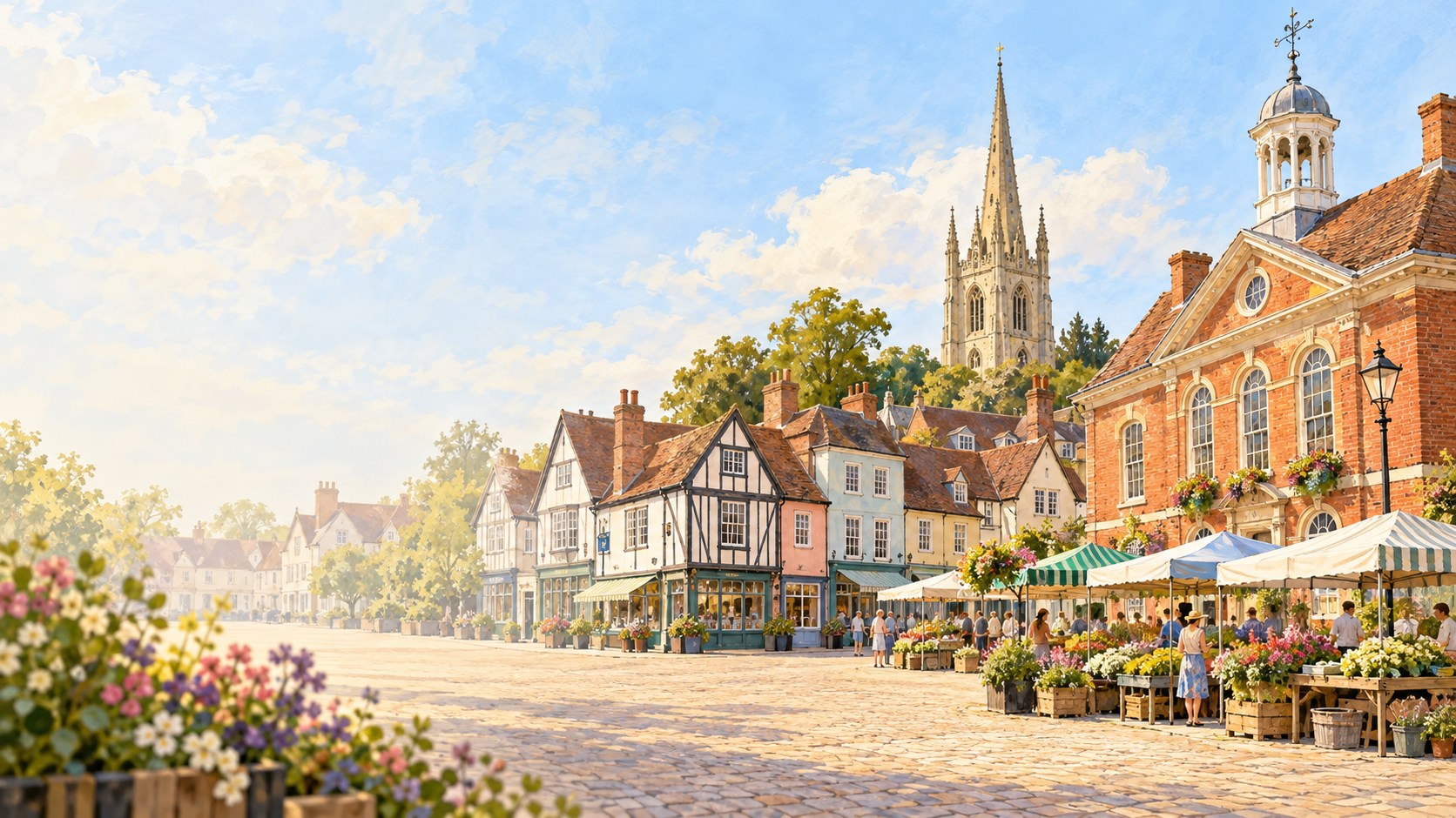 Artist’s impression of Saffron Walden Market Place, historic shopfronts and St Mary’s spire